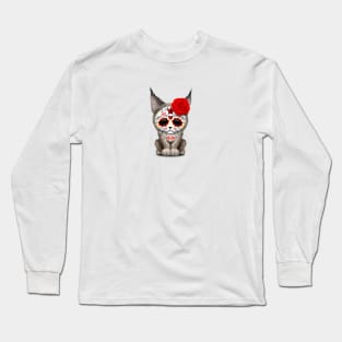 Red Day of the Dead Sugar Skull Lynx Cub Long Sleeve T-Shirt